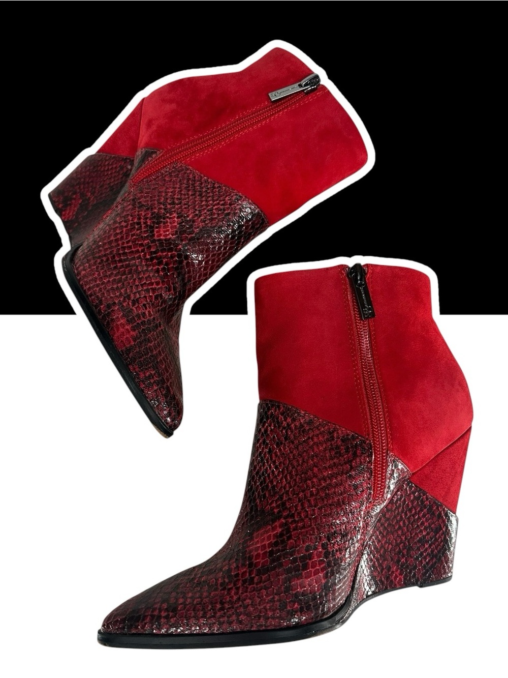 JESSICA SIMPSON / Red & Snake Print Wedge Booties / Pointed Toe / Size 6.5 Goth